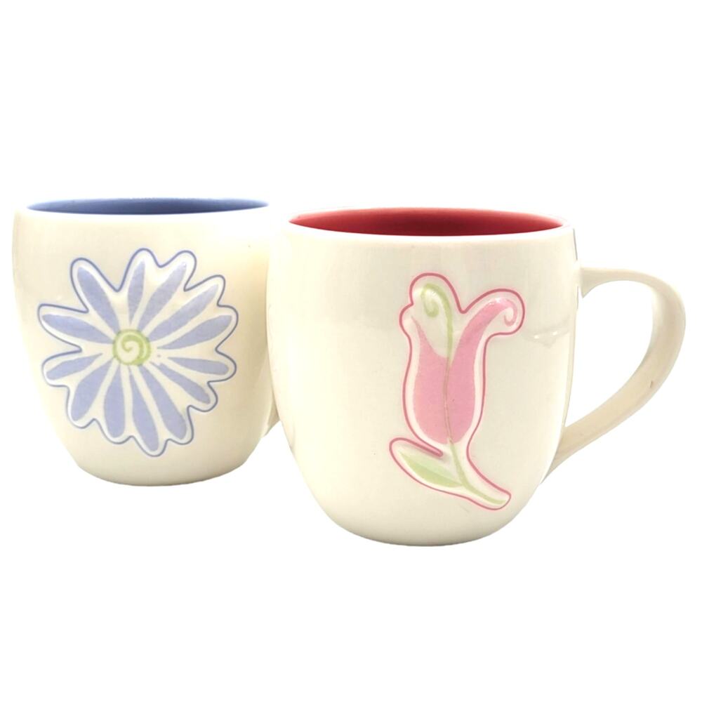 Two Starbucks 2006 Pink Tulip Purple Daisy Dimensional Floral 14oz Coffee Mugs